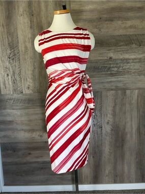 Adolfo Dominguez Red & White Striped Tie-Side Midi Dress